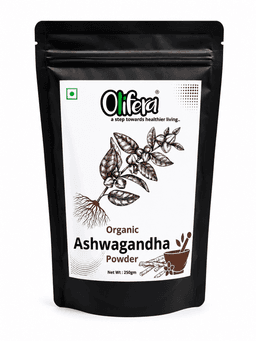 Fine Ashwagandha powder with whole roots displayed on a rustic wooden tray