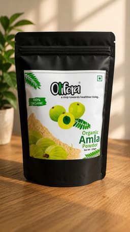Fine OLIFERA Amla powder in a wooden bowl with dried amla pieces arranged beside it