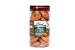 Badam Coconut Pet Jar Cookies with almond and coconut flavors, packed in a convenient jar for fresh and crunchy everyday enjoyment.