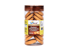 Badam Shrewsbury Pet Jar Cookies with delicate almond flavor and crumbly texture, conveniently stored for gifting and tea-time.