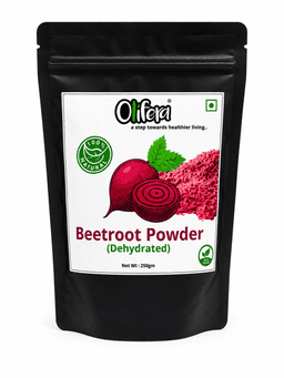 Vibrant beetroot powder in a bowl with fresh beetroot slices on a wooden board