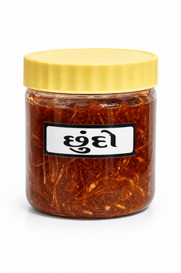 Chhundo 250 GMS prepared with grated raw mangoes and traditional spices, hygienically packed for freshness and sweet tangy Gujarati flavor.