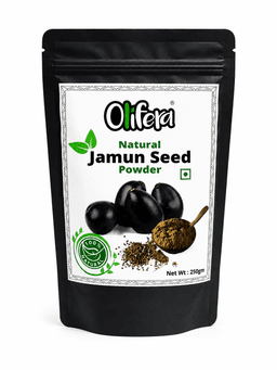 Finely ground Jamun seed powder with dried jamun seeds arranged beside a ceramic bowl