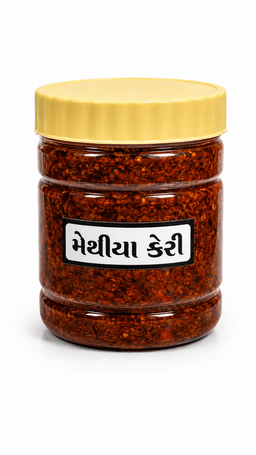 Methiya Keri 250 GMS prepared with raw mangoes, fenugreek, and traditional spices, hygienically packed for freshness and authentic Gujarati flavor.