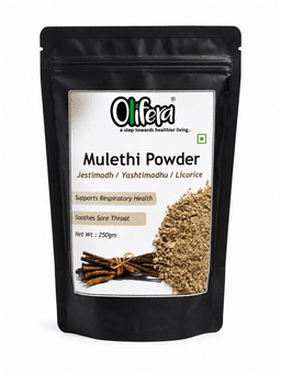 Smooth Mulethi powder in a glass bowl with natural licorice roots placed beside it
