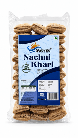 Nachni Khari 200gm with crisp flaky texture and nachni-based flavor, freshly packed for tea-time treats and everyday savory snacking.