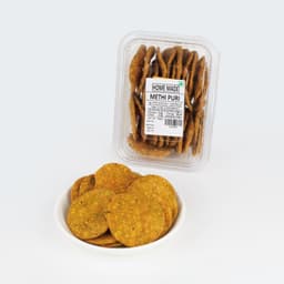 Methi Puri 250 GMS prepared with premium flour and fenugreek, hygienically packed for freshness and delicious crunchy texture.
