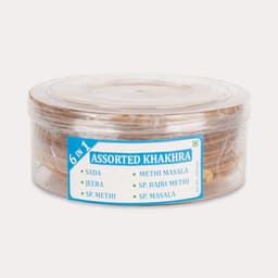 6 In 1 Assorted Khakhra 400 GMS featuring six flavorful varieties for family sharing, gifting, travel and Gujarati snacking.