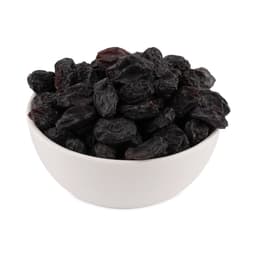 Black Kismis Seedless 250 Gms displayed in a bowl with naturally sweet black raisins and smooth seedless texture.