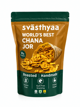 Svasthyaa Chana Jor 200 GMS prepared with roasted chana ingredients, hygienically packed for freshness and crunch.