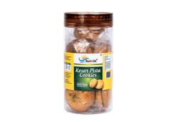 Kesar Pista Pet Jar Cookies with saffron aroma and pistachio flavor, conveniently packed in a jar for gifting and special treats.