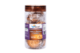 Oats and Raisins Pet Jar Cookies with crisp texture and sweet raisin pieces, conveniently stored for fresh serving and snacking.
